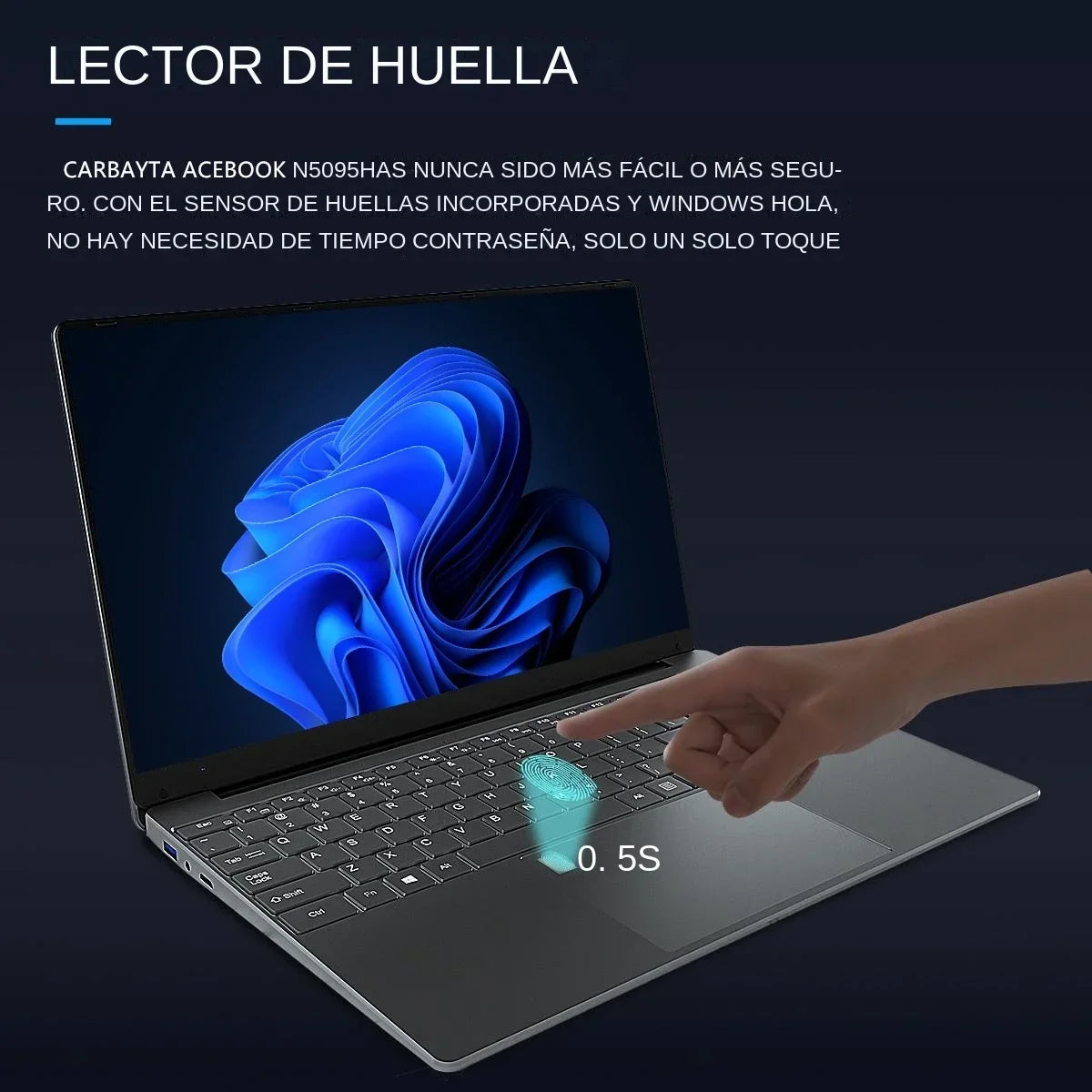 Slim grey 15.6-inch laptop with a sleek design, showing a user unlocking the device with a fingerprint sensor.