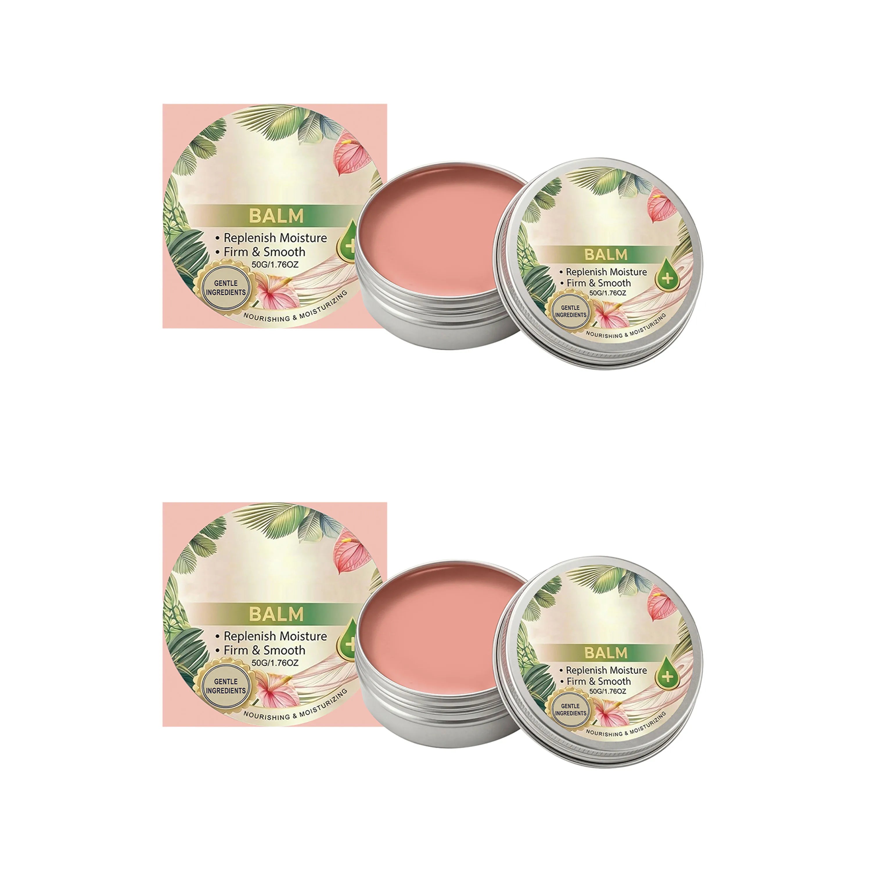 Two open tins of peach-coloured nourishing balm, featuring botanical tropical leaf labels, 50g size.
