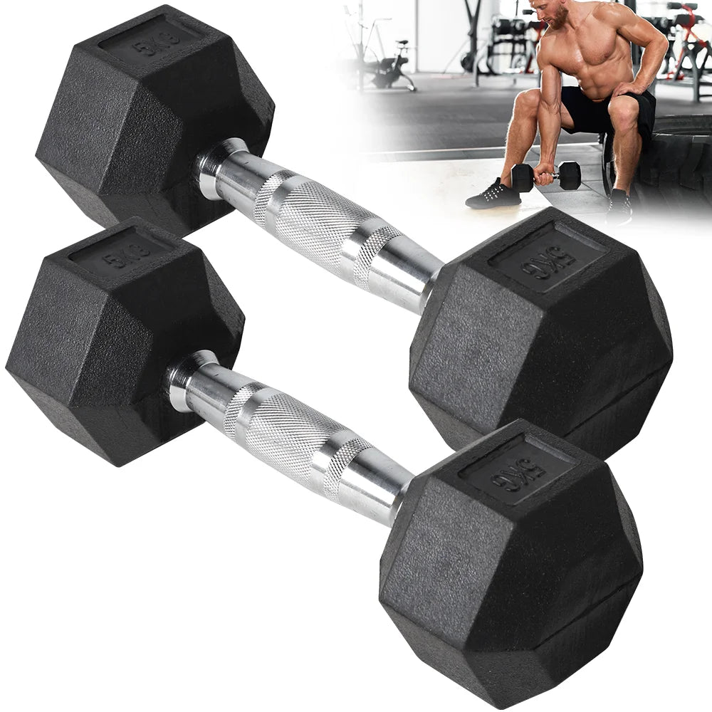 Two black hexagonal dumbbells with textured, silver knurled handles and embossed 5kg weight markings.