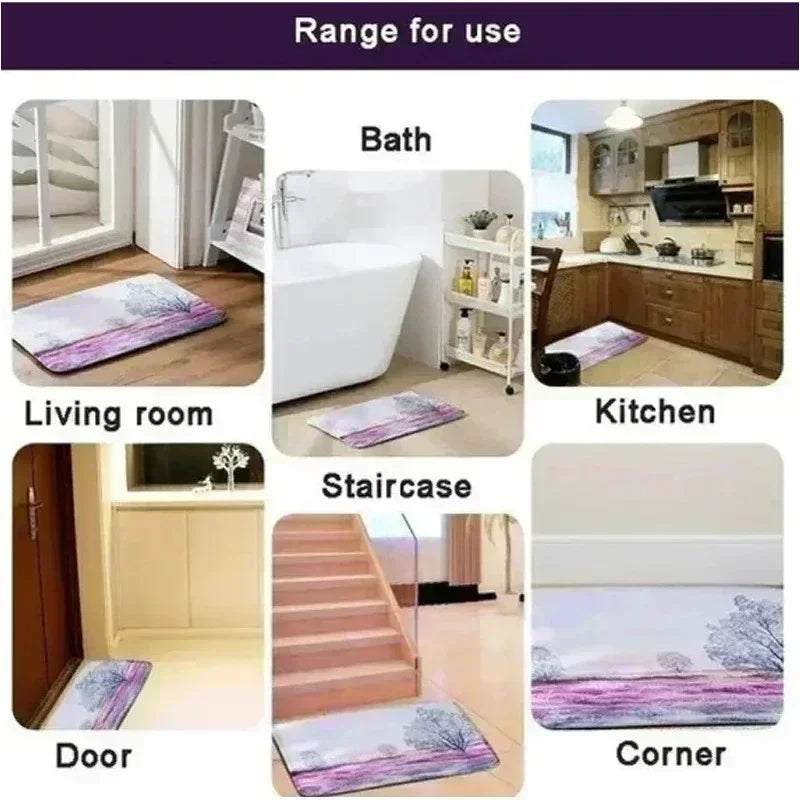 Soft rectangular fleece rug with a purple landscape print, shown in various home settings like the kitchen and hallway.