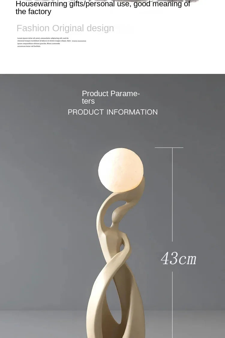 Elegant cream-coloured abstract resin floor statue featuring a graceful, curved silhouette holding a glowing sphere.
