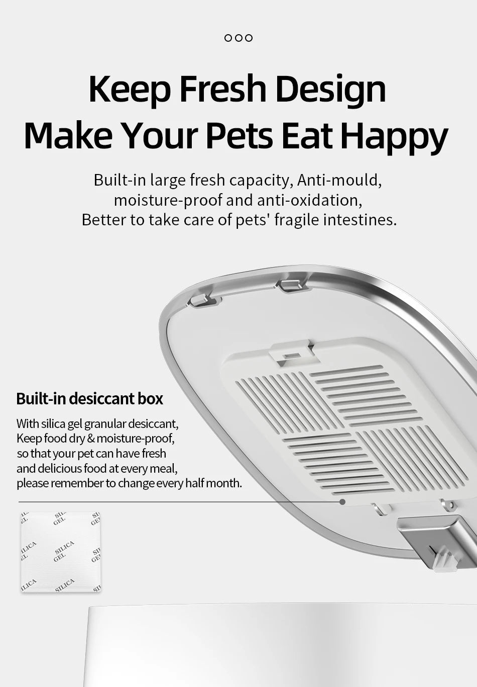 Silver pet food container lid with a built-in white desiccant compartment for freshness.