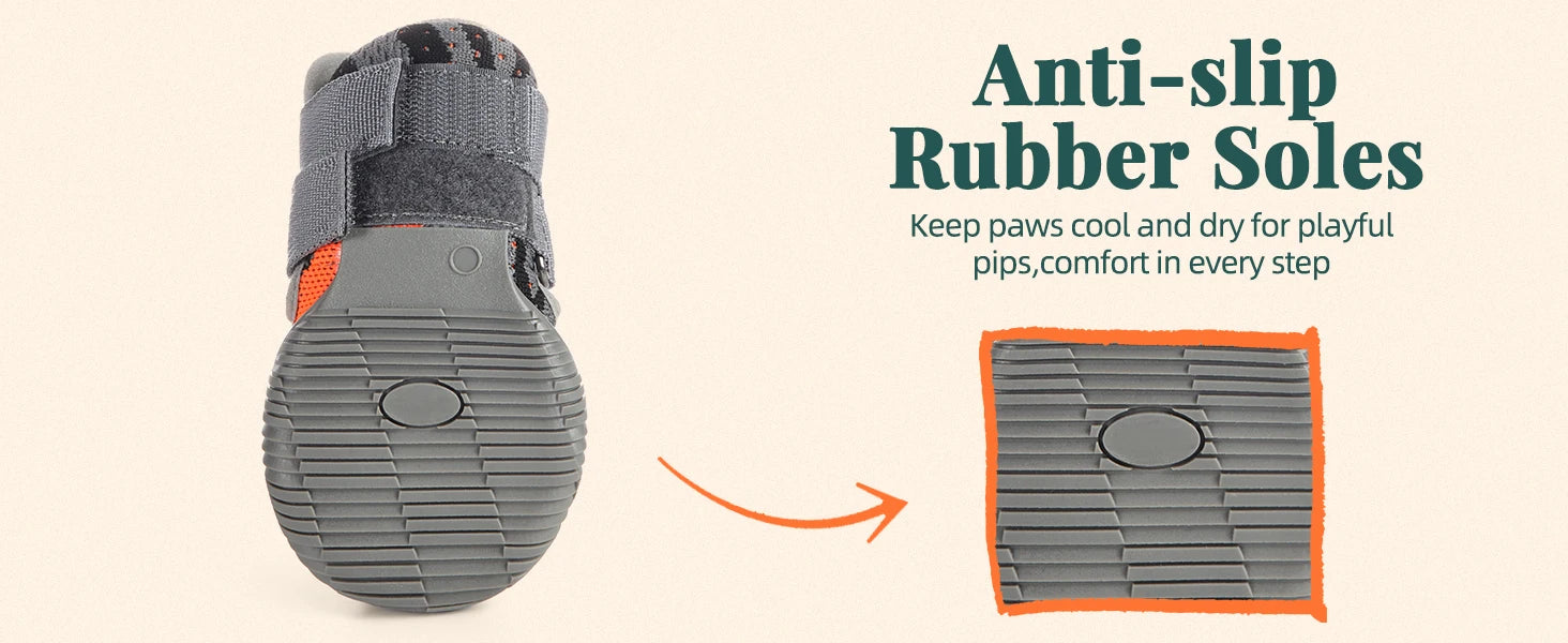 Grey breathable dog boot with an orange pattern, featuring a textured, anti-slip rubber sole and velcro fastening.