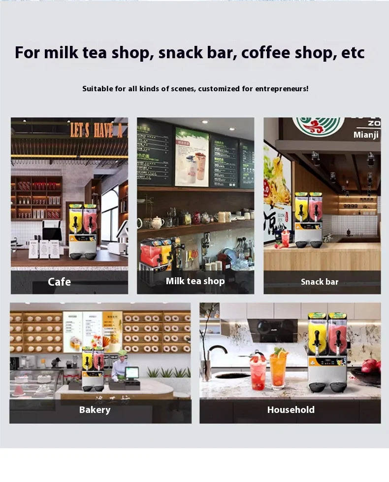 Stainless steel two-bowl commercial slushie machine shown in various retail and home kitchen settings.