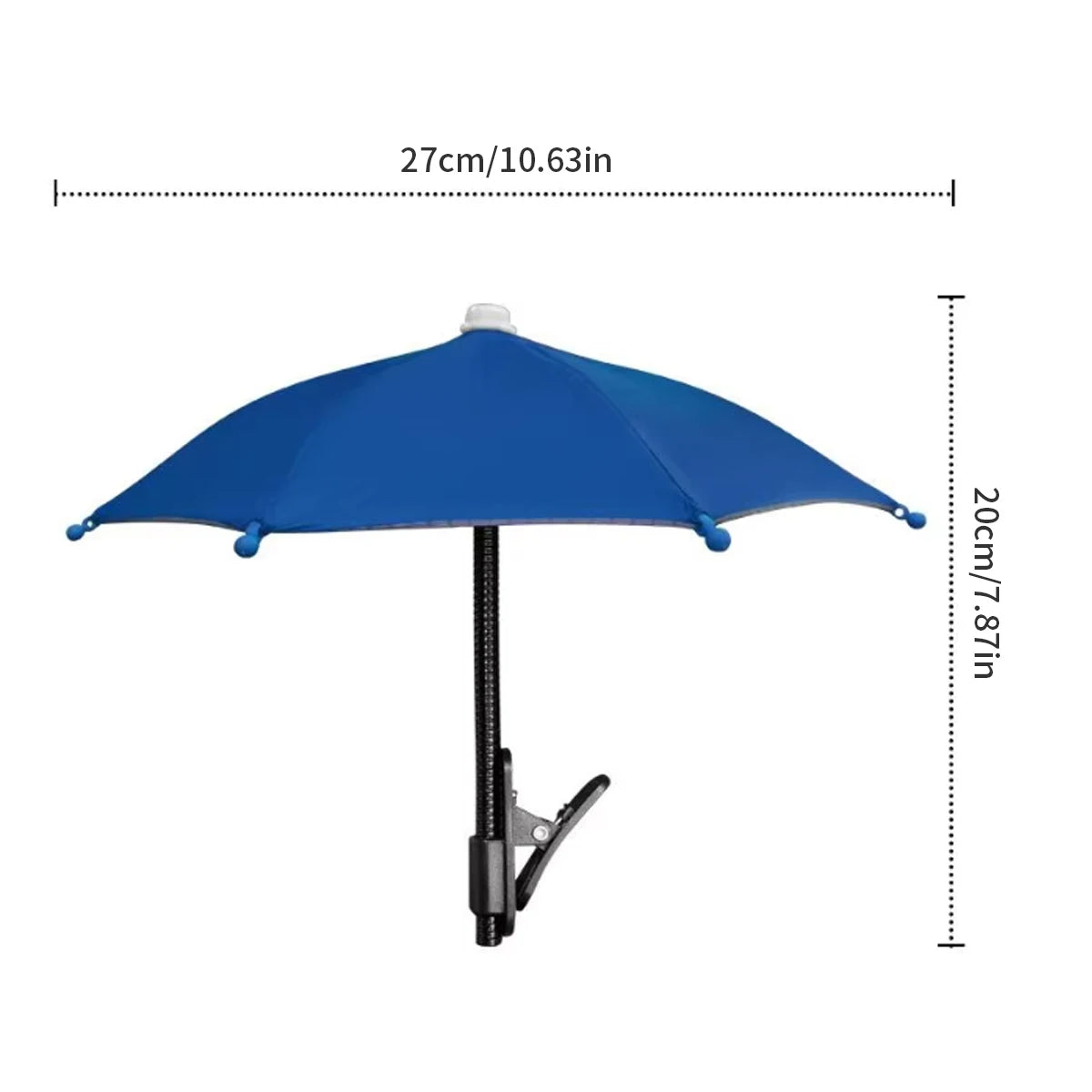 Blue clip-on parasol with a flexible stem and dimensions of 27cm width by 20cm height.