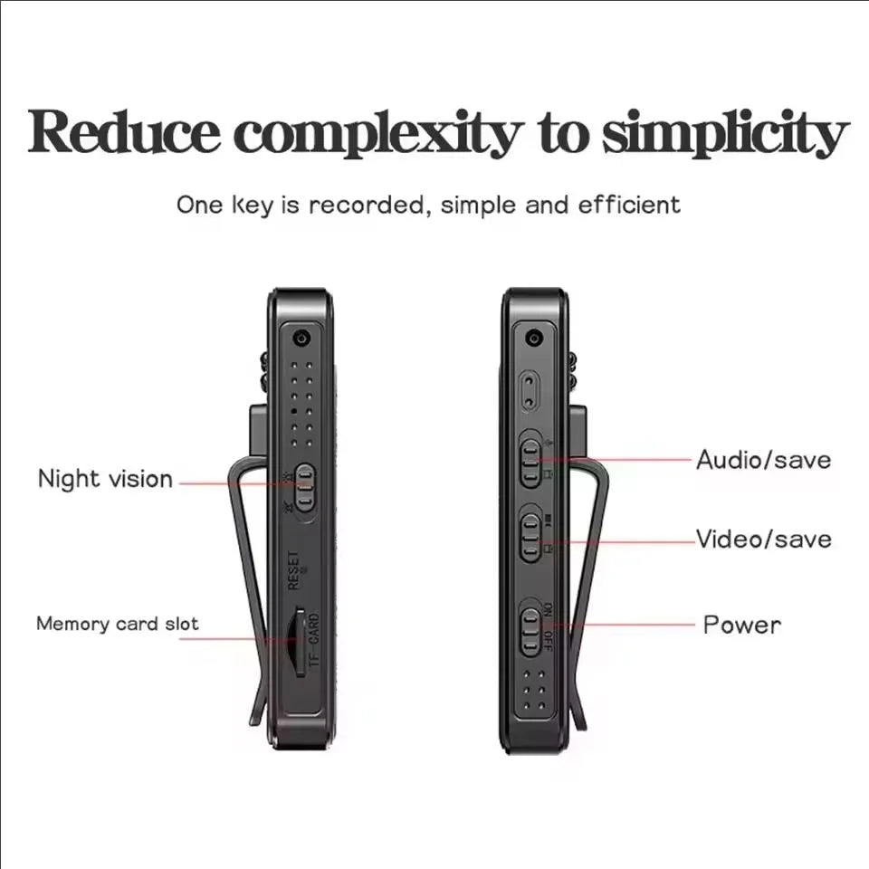 Black plastic portable body camera with side-mounted buttons for audio, video, power, night vision, and memory card.