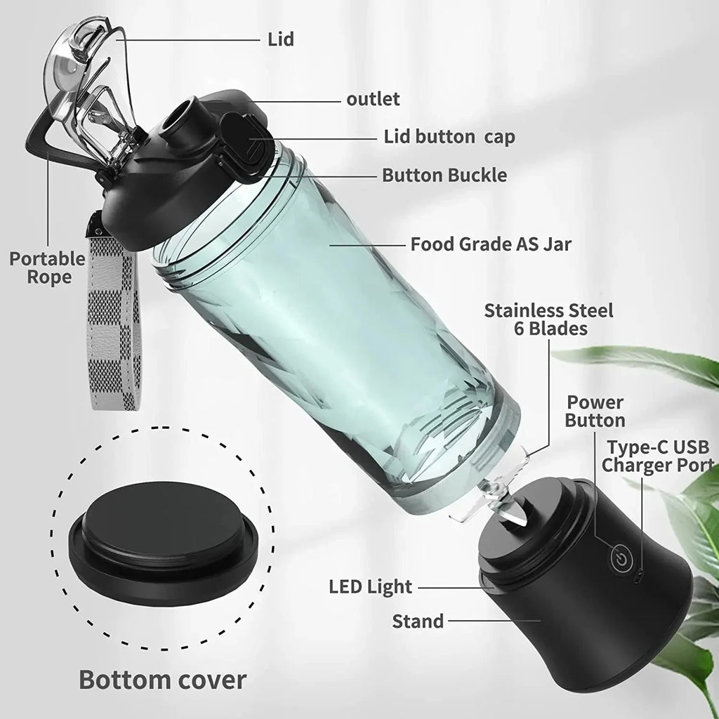 Portable blender with a transparent teal jar, black base, six steel blades, and a carrying strap. Parts labeled.