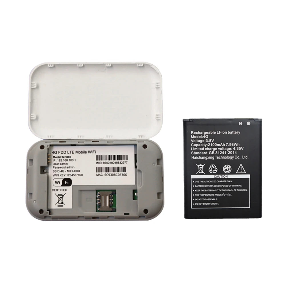 Grey 4G mobile Wi-Fi hotspot with its back cover open, revealing the SIM card slot and removable battery.
