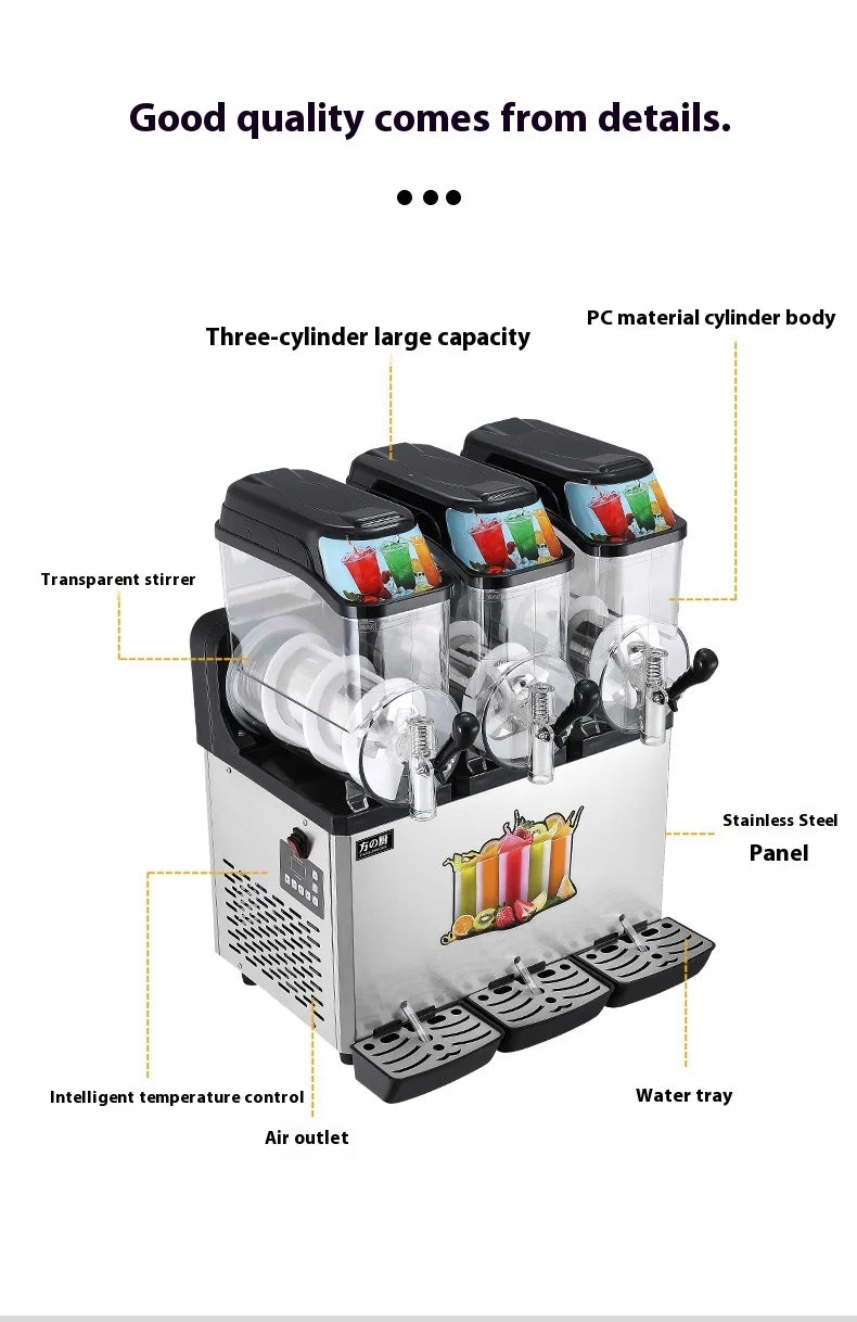 Three-cylinder commercial slushie machine in silver stainless steel with transparent bowls and black drip trays.