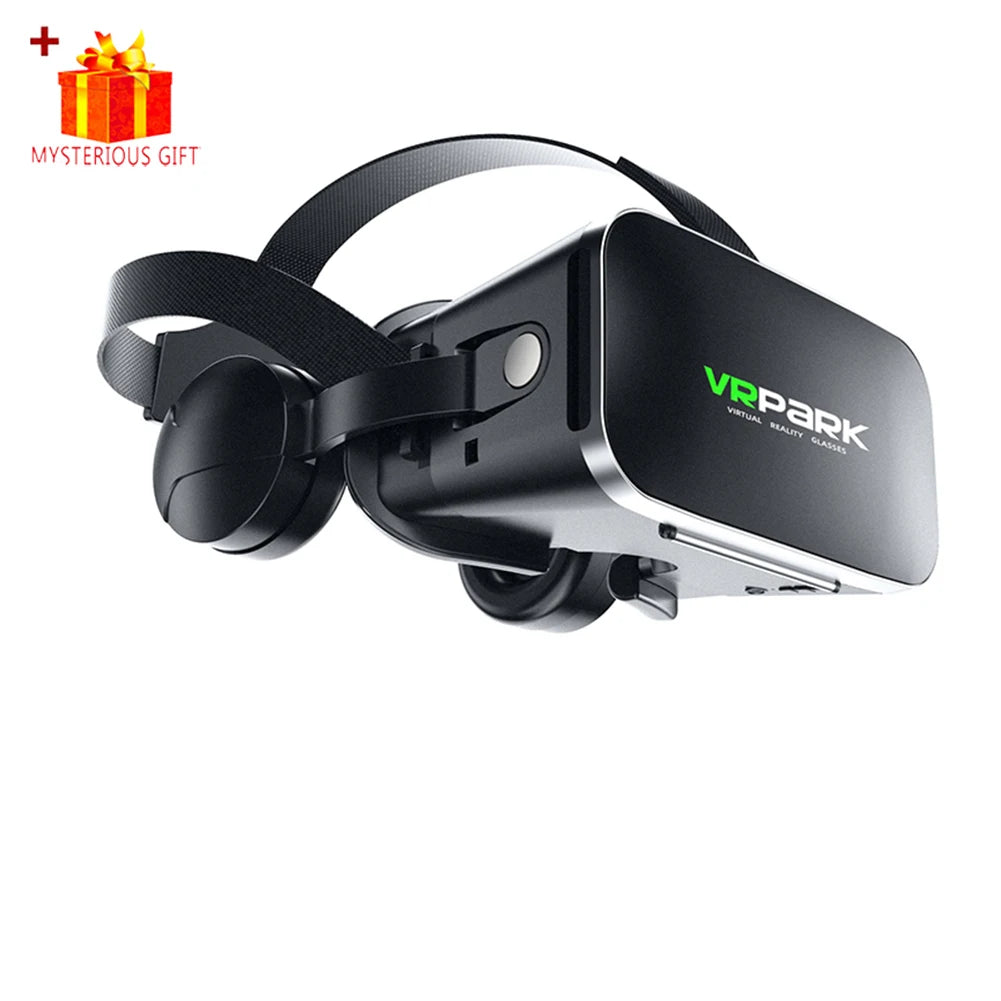 Sleek black 3D virtual reality headset for smartphones, featuring an adjustable head strap and integrated headphones.
