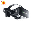 Sleek black 3D virtual reality headset for smartphones, featuring an adjustable head strap and integrated headphones.