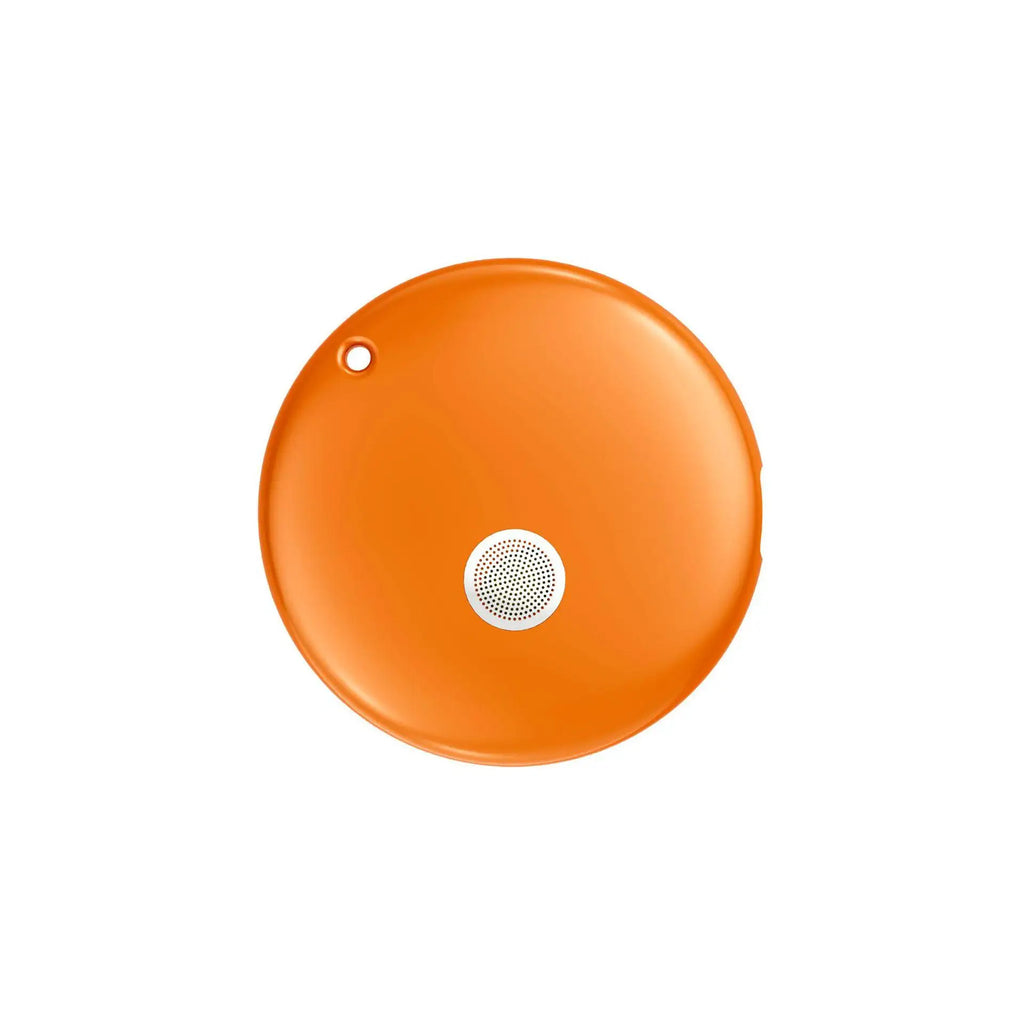 Bright orange, circular portable Bluetooth shower speaker with a central mesh grille and a small hanging hole.