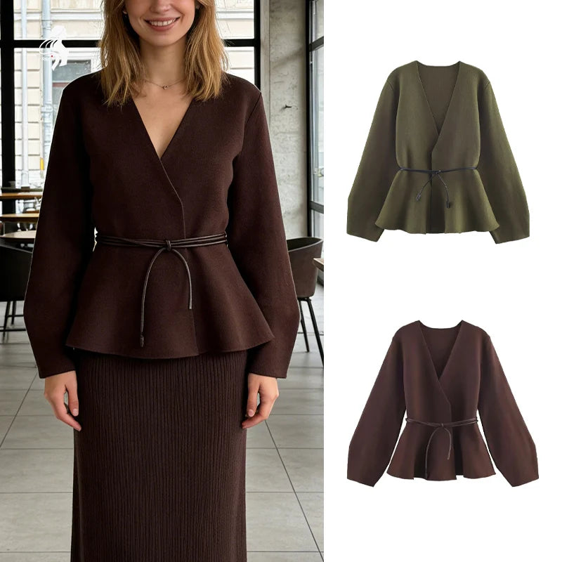 Women's V-neck peplum cardigan with a slim waist tie, available in brown and olive green knit fabric.