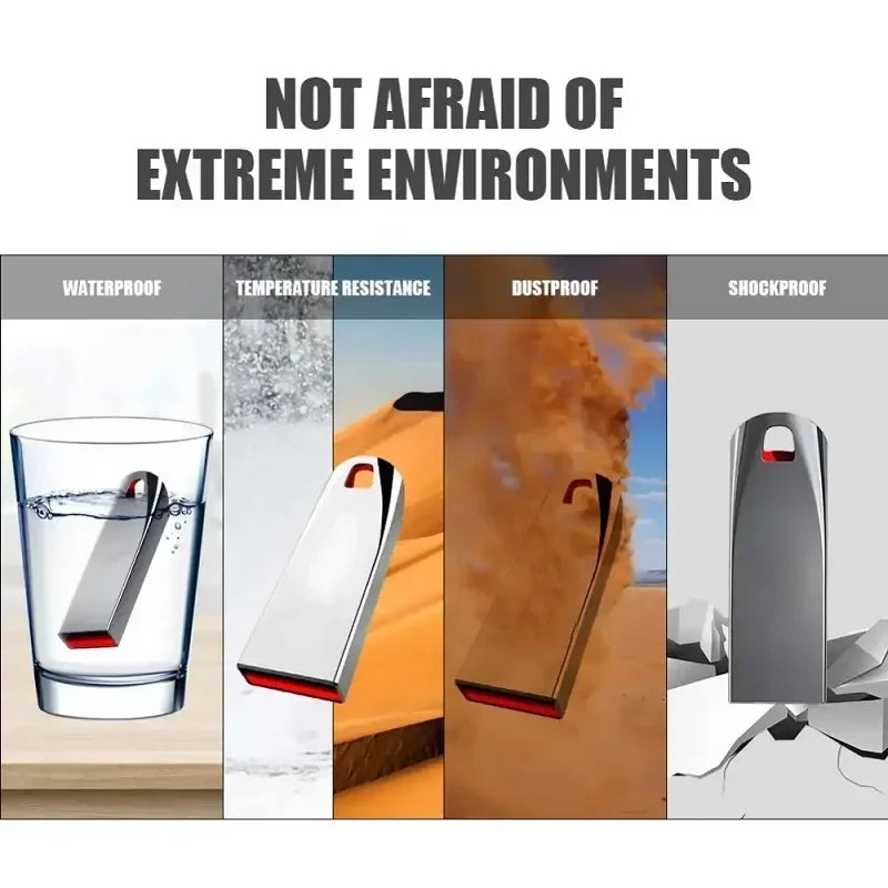 Sleek silver USB flash drive with a red accent, shown as waterproof, temperature-resistant, dustproof and shockproof.