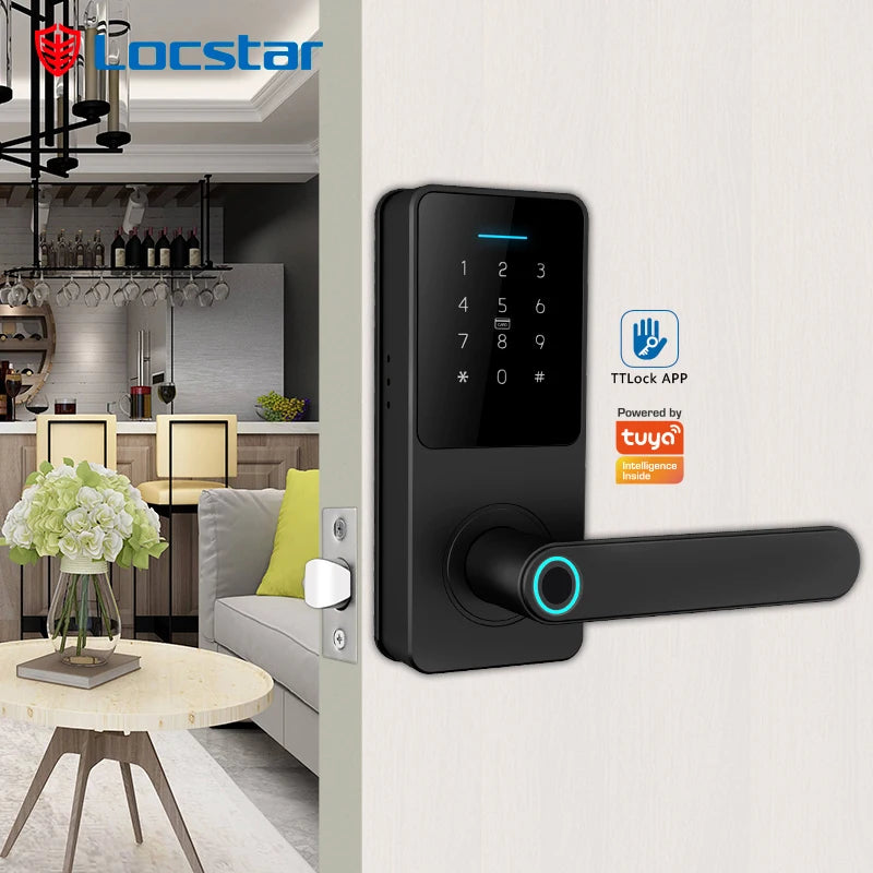 Modern matte black digital door lock with a touchscreen keypad, fingerprint reader on the handle, and app compatibility.
