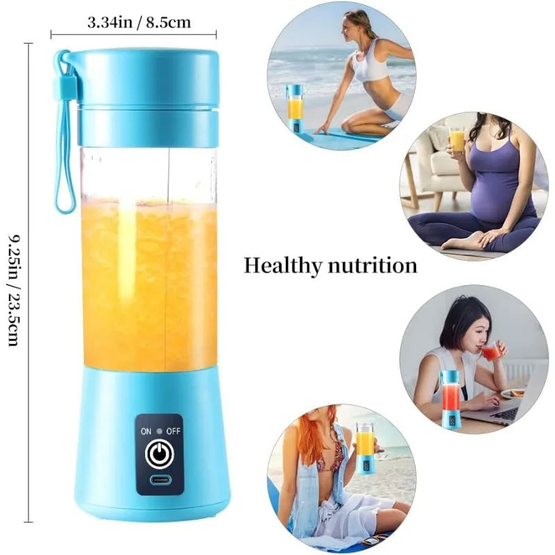 Portable, light blue personal blender with a clear cup, USB-C charging port, and power button, shown in lifestyle use.