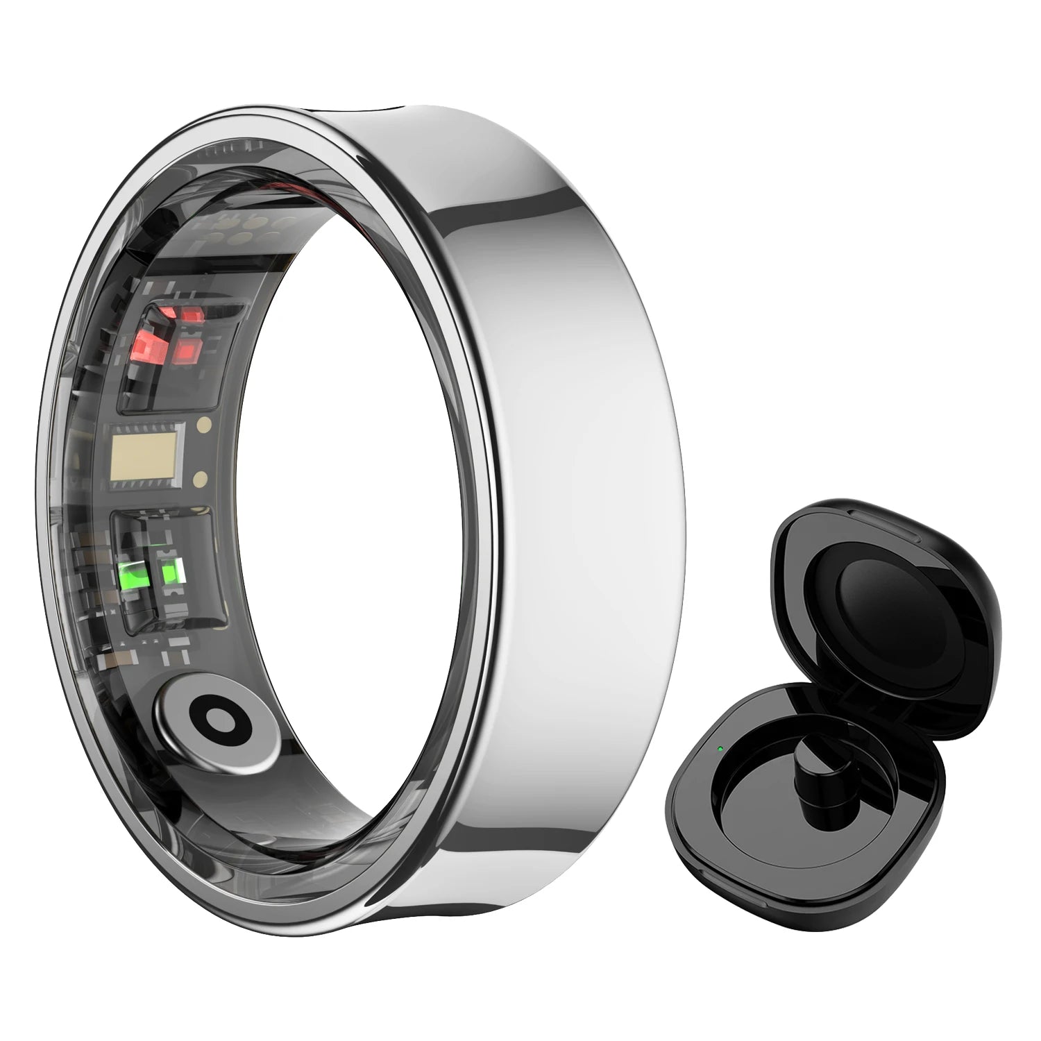 Sleek silver smart health ring with internal activity and sleep sensors, displayed next to its black charging case.