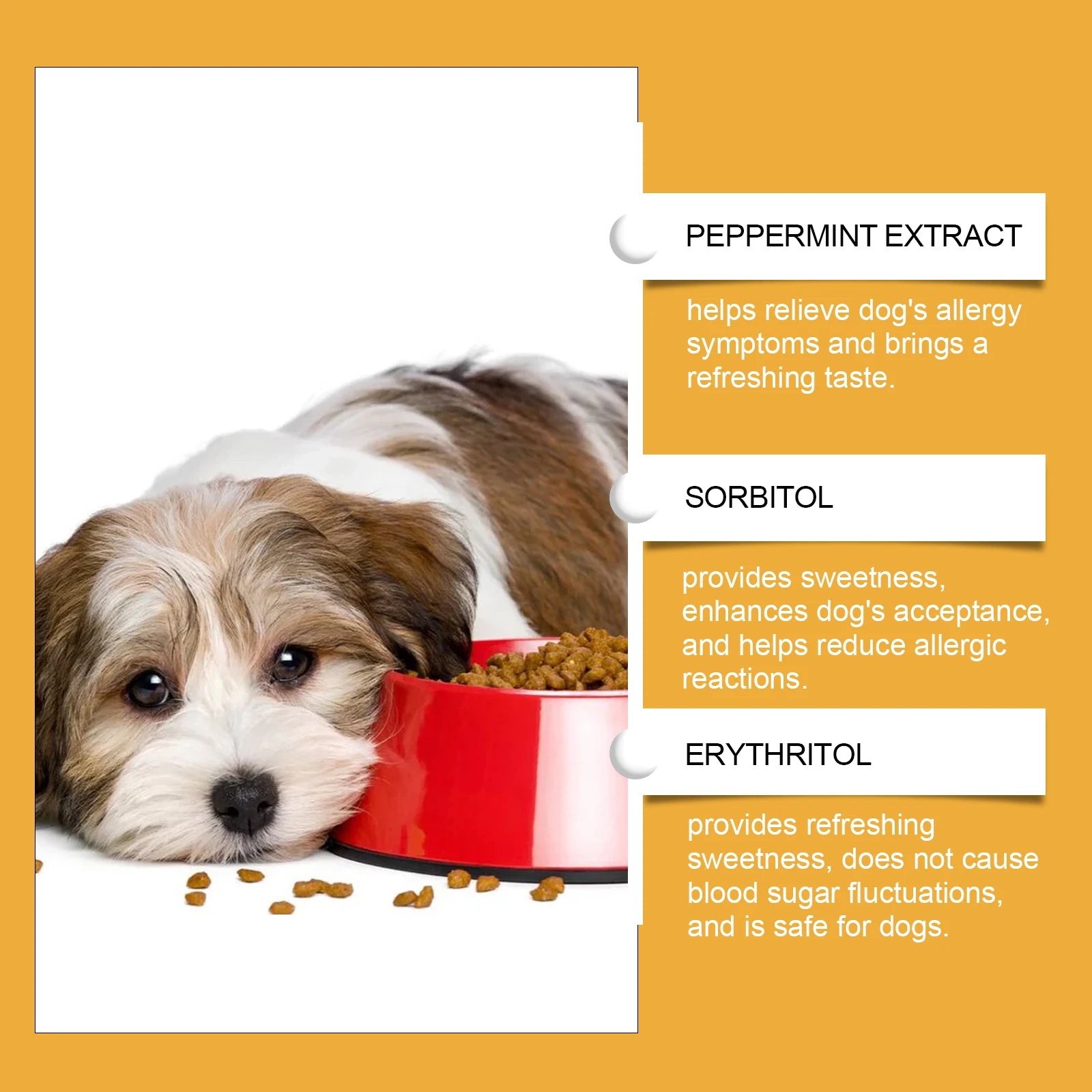 A brown and white puppy lying by a red bowl of dry dog food, listing benefits like peppermint, sorbitol, erythritol.