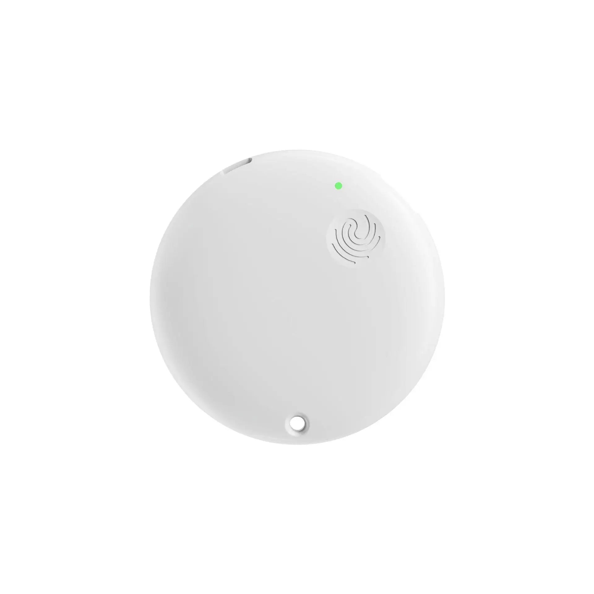 A round, white portable waterproof Bluetooth shower speaker with a small green status light and integrated loop.