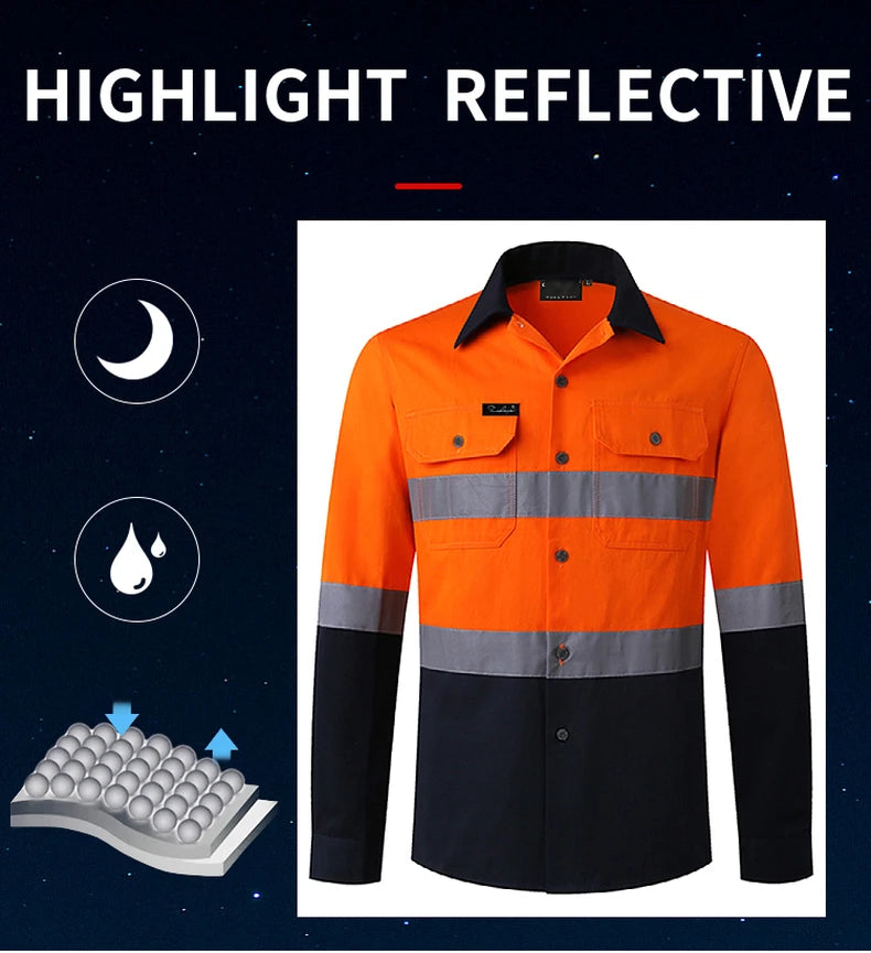 Men’s orange and navy high-visibility long-sleeve shirt with reflective strips, button-down front, and two chest pockets.