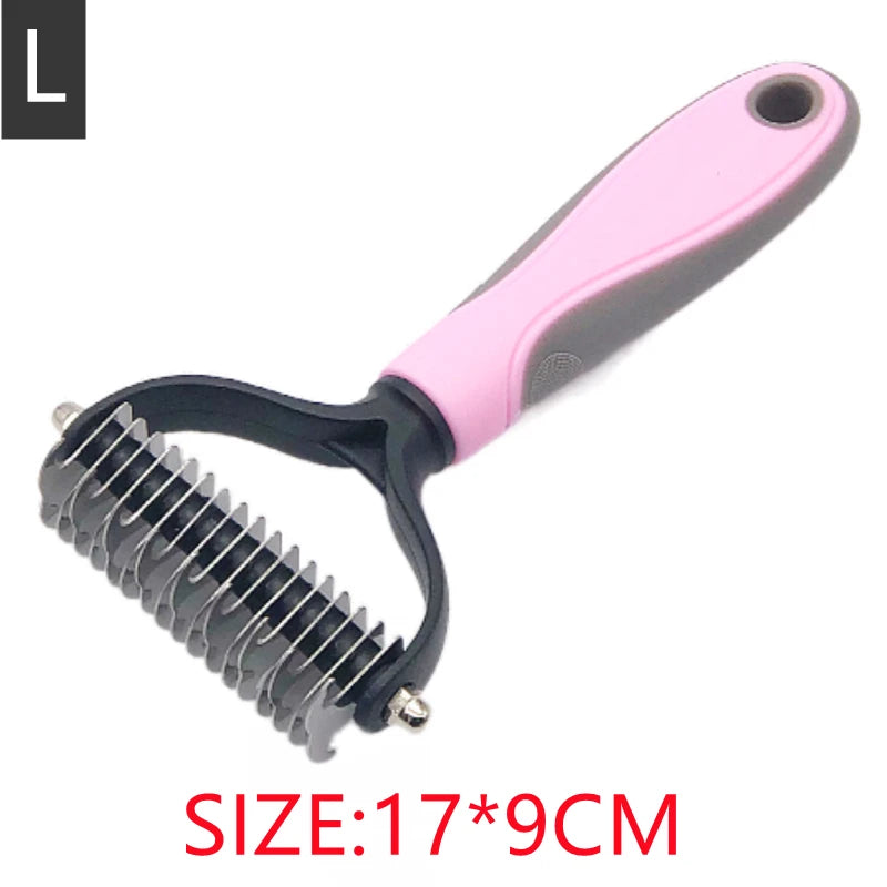Large pet grooming rake with metal de-shedding blades and a pink and grey ergonomic non-slip handle.