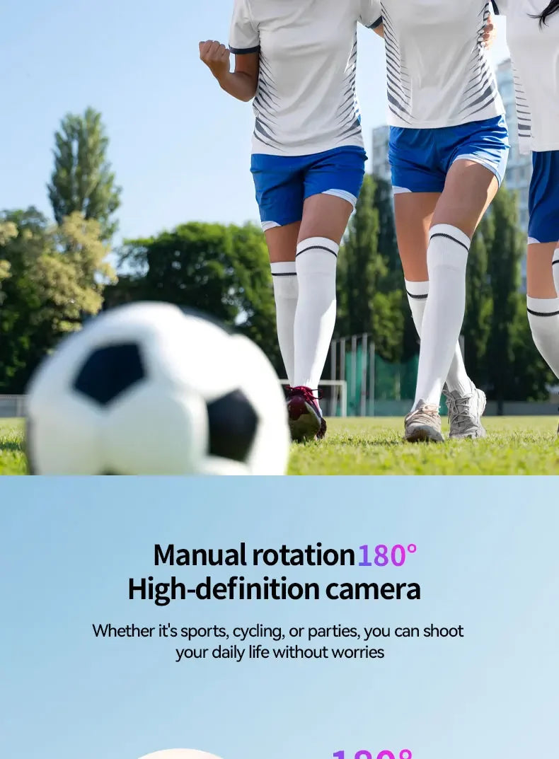 Action shot of soccer players on a field with a blurred soccer ball in the foreground.