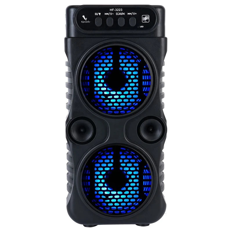 Portable black wireless speaker with dual glowing blue LED drivers and top-mounted control buttons.