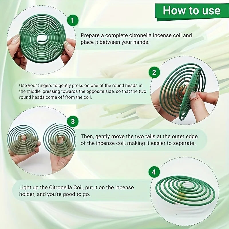 Step-by-step guide showing how to separate and use a green, spiral citronella incense coil.