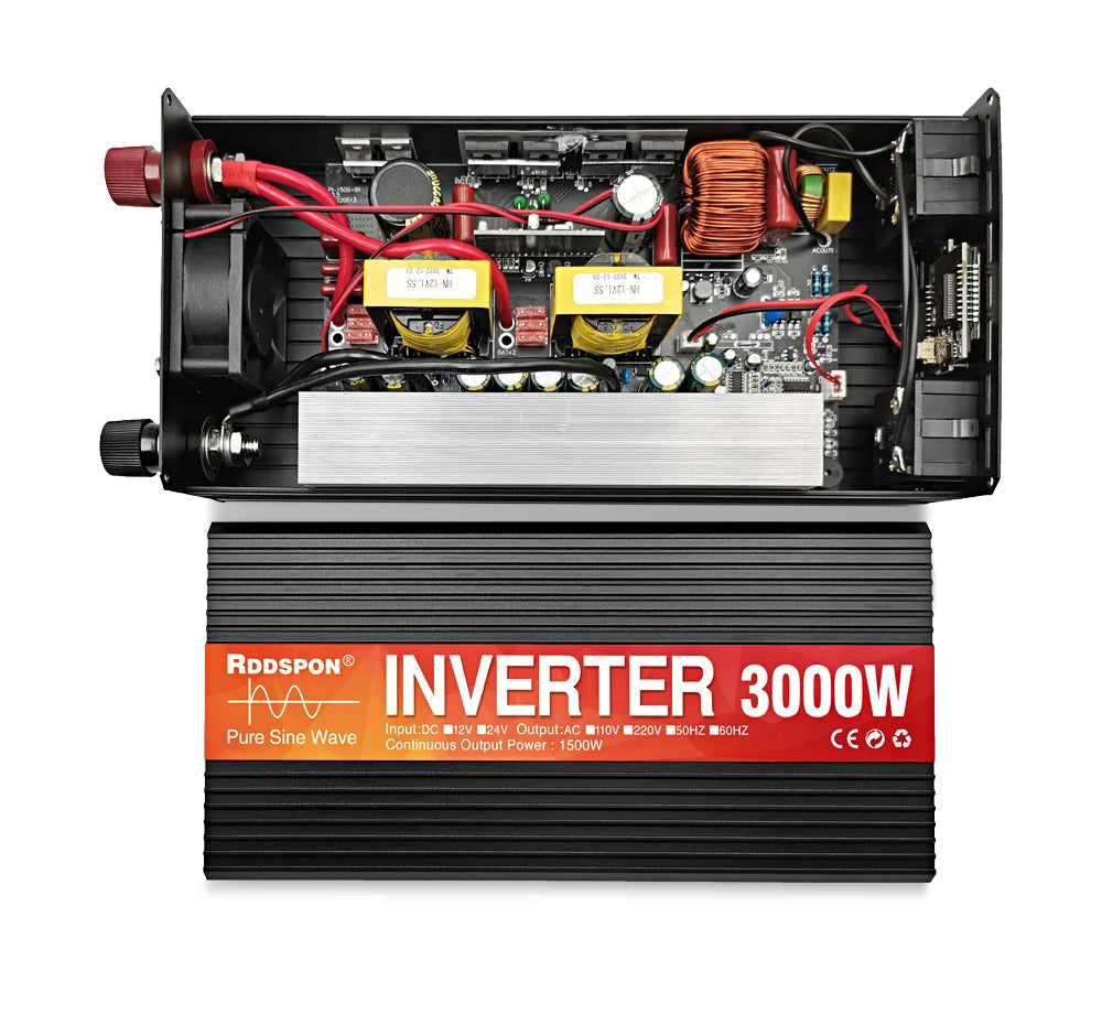 Black 3000W pure sine wave power inverter with its casing open, showing internal circuit board components and wiring.
