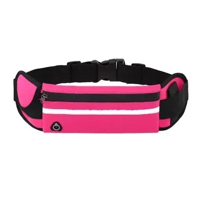 Bright pink running belt with a black adjustable buckle strap, zipped pocket, and white reflective strip.