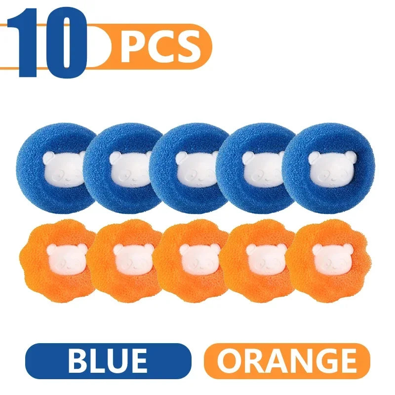 A 10-piece set of round, textured scrubbing sponges in blue and orange, each featuring a cute white panda face.