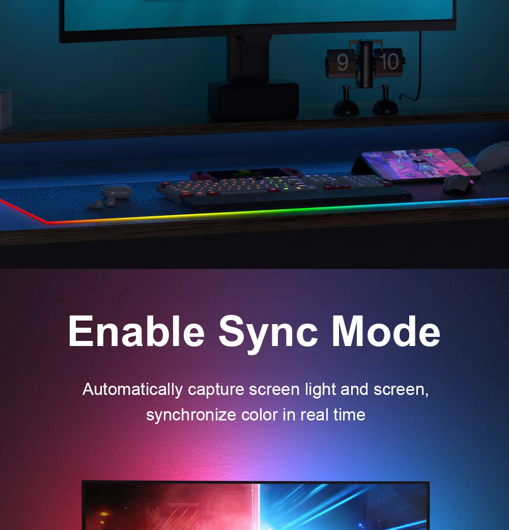 Smart LED light strip on a desk, casting vibrant, colourful ambient light that syncs with the monitor display.
