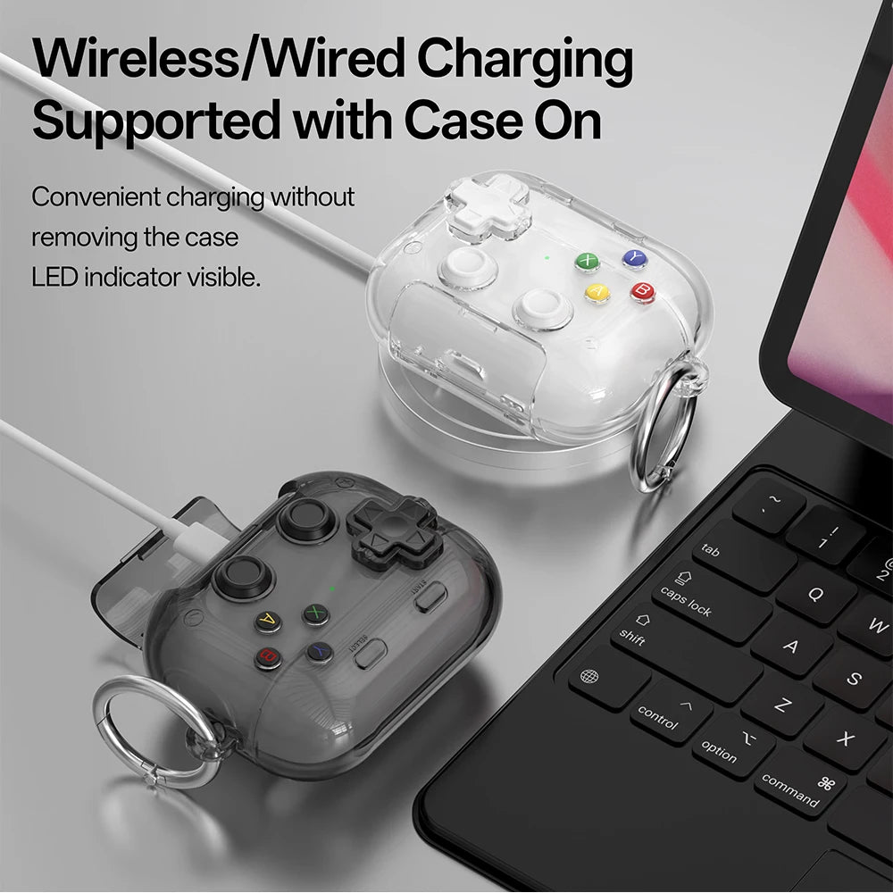 Clear and grey retro game controller-style protective cases for AirPods, featuring a metal ring attachment.