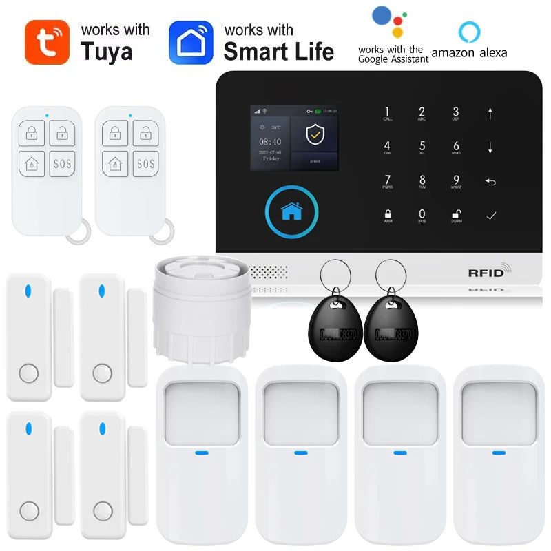 Smart wireless home security alarm kit with black control panel, white sensors, two remotes, and two RFID key fobs.