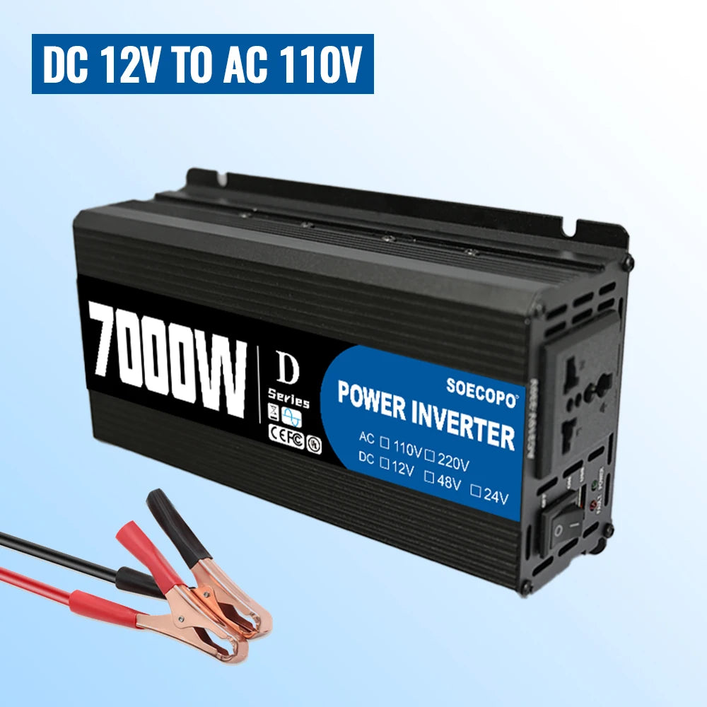 Black 7000W car power inverter with blue label, cooling vents, AC socket, and red/black battery connection cables.