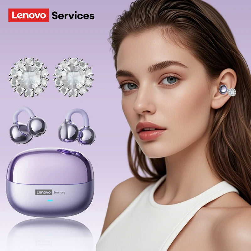 Purple wireless ear cuffs with detachable crystal flower-shaped magnetic covers and a matching charging case.