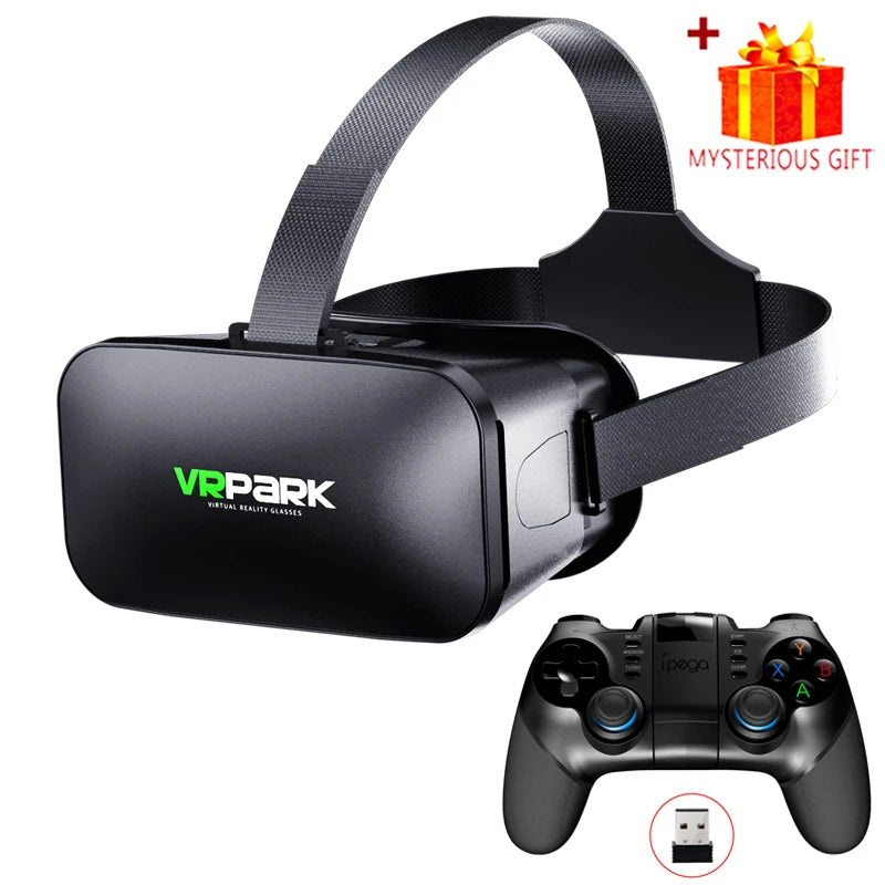 Black virtual reality headset with an adjustable strap, paired with a matching black wireless gaming controller.