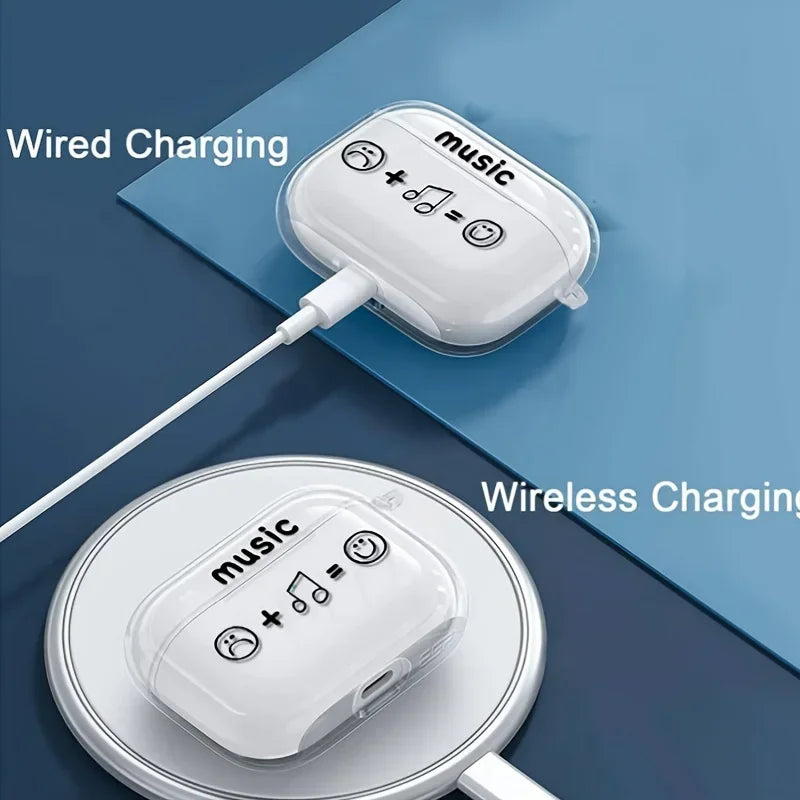 Clear protective silicone AirPods Pro case with 'Music' text and graphic print, shown charging wired and wirelessly.