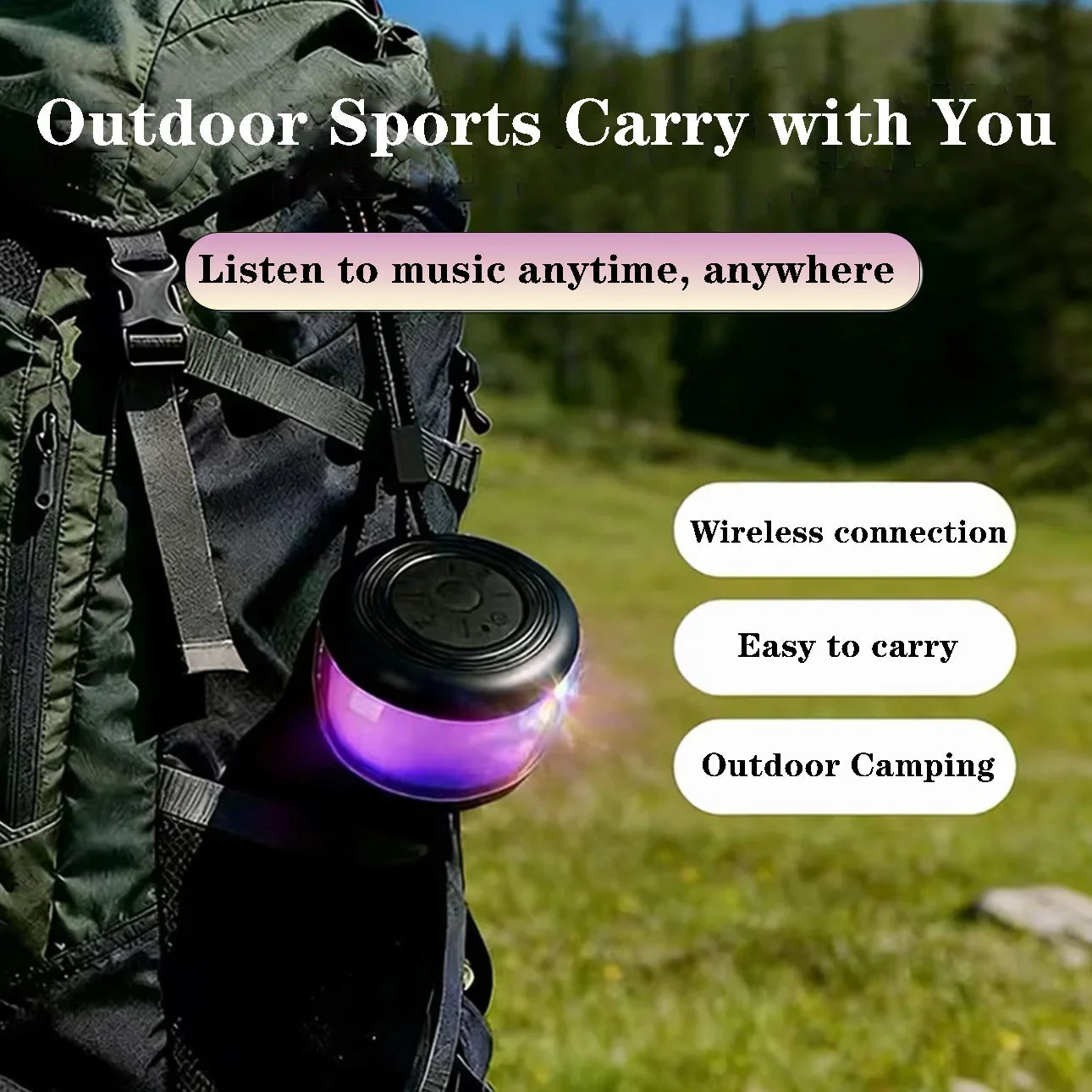 A portable black wireless speaker with a glowing purple base, hanging from a hiking backpack outdoors.