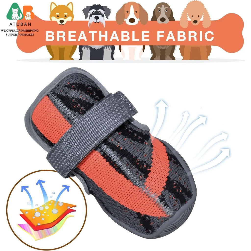 Breathable dog boot in grey and orange patterned mesh with a velcro strap and durable rubber sole.