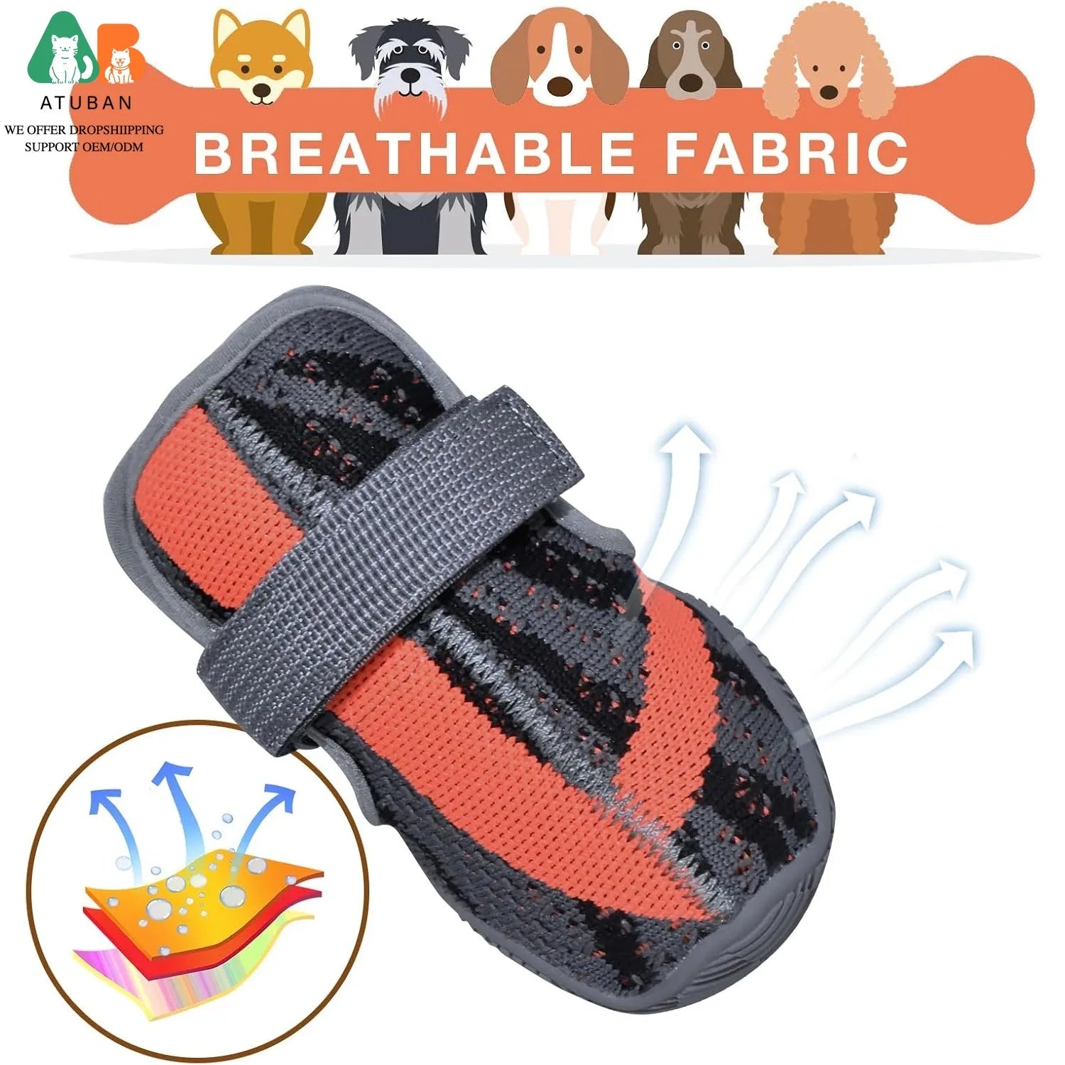 Breathable dog boot in grey and orange patterned mesh with a velcro strap and durable rubber sole.
