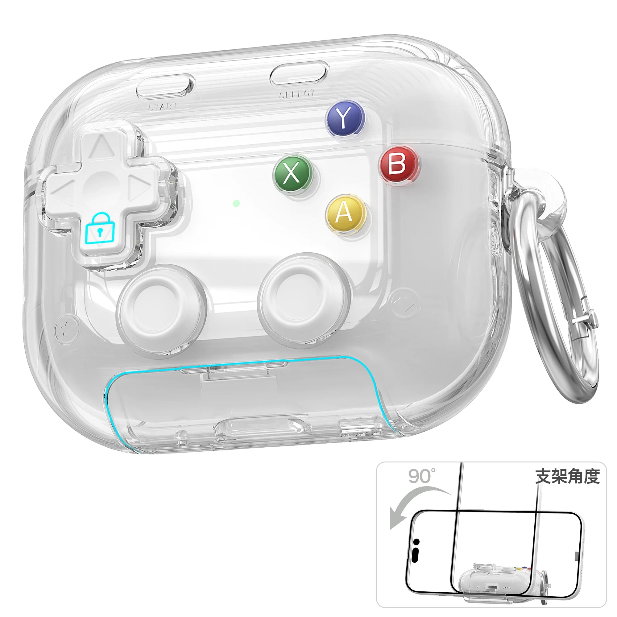 Clear retro gaming controller AirPods Pro case with carabiner and integrated phone stand.