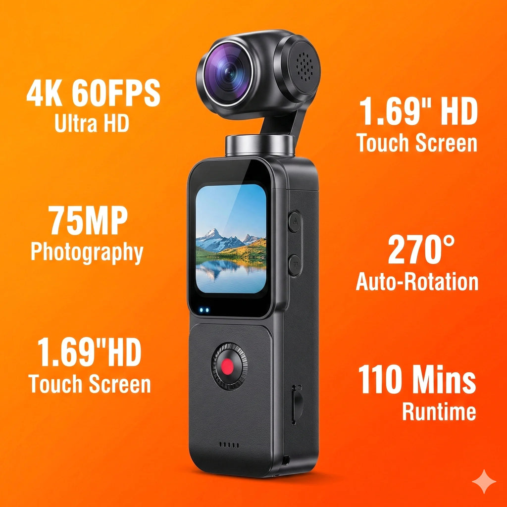 Compact black 4K camcorder with gimbal camera, touch screen, and 75MP photo capability against an orange background.