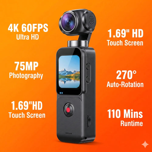 Compact black 4K camcorder with gimbal camera, touch screen, and 75MP photo capability against an orange background.