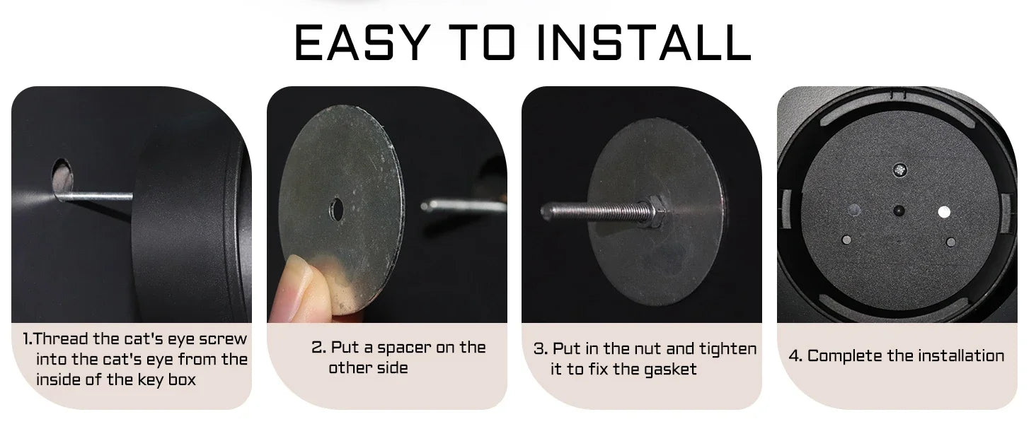 Four-step installation guide for a black metal key lock box using a screw, metal spacer, and nut.