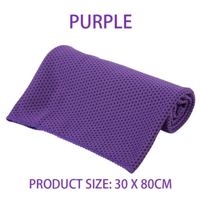 Purple microfibre cooling gym towel with a textured mesh surface, measuring 30 x 80cm.