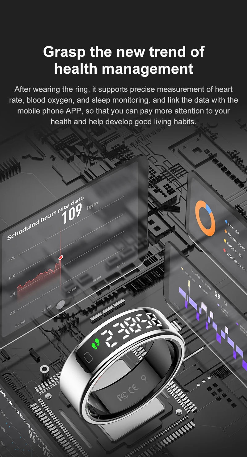 Silver smart fitness ring with a digital touch display, shown against a tech-themed backdrop with health data overlays.