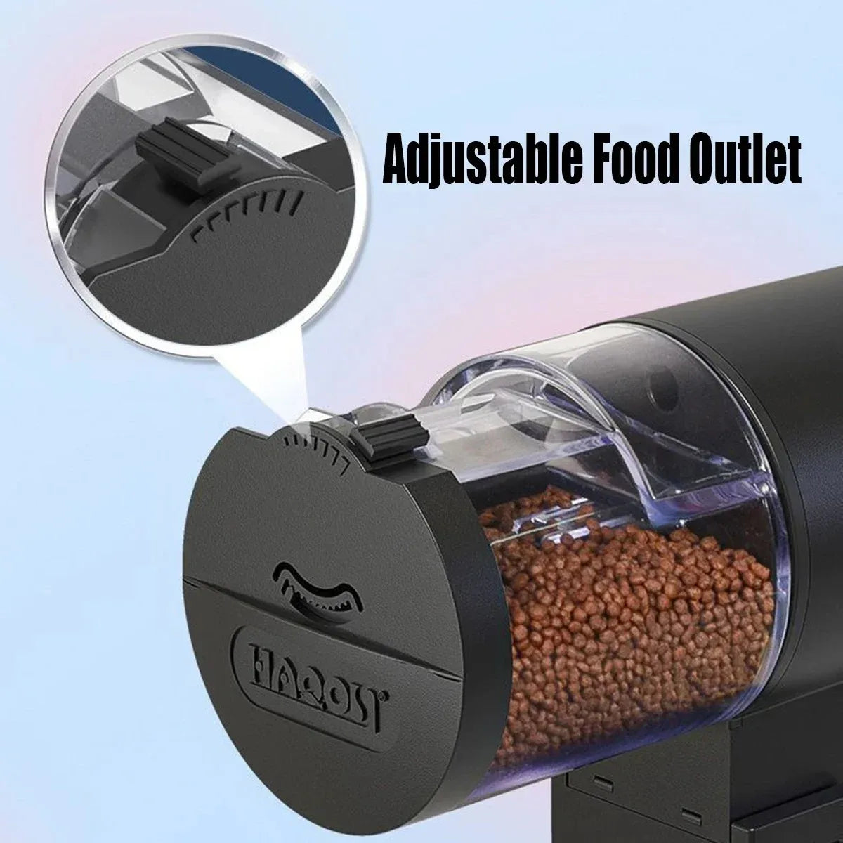 Black automated pet food dispenser with a clear container and a close-up of the adjustable food outlet slider.