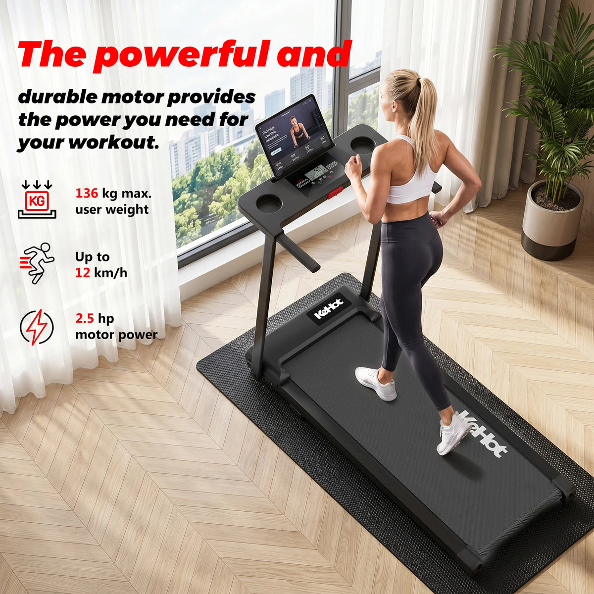 Black folding treadmill with a console, cup holders, LED display, and tablet mount in use by a woman.