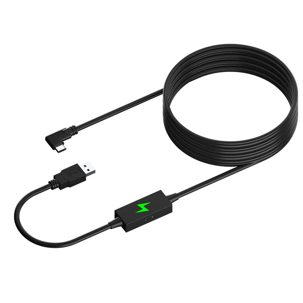 Black VR link cable with a USB-A plug, right-angle USB-C connector, and a booster box with a green lightning bolt.